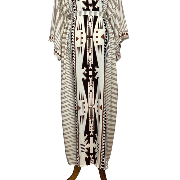 Boho Aztec Tribal Cream Tan & Black Kimono Beach Coverup Duster - Picture 13 of 16